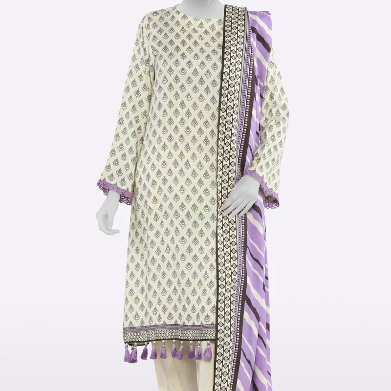 Cream Printed Unstitched 3PC